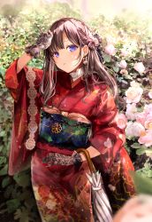 Rule 34 | 1girl, absurdres, arm up, brown hair, commentary, cowboy shot, earrings, english commentary, flower, gloves, heart, heart earrings, highres, japanese clothes, jewelry, kimono, lace, lace gloves, long hair, looking at viewer, obi, original, parted lips, pink flower, plant, print kimono, puracotte, purple eyes, red kimono, sash, solo, standing, umbrella