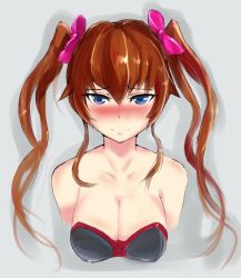 Rule 34 | 1girl, alternate hairstyle, bare shoulders, blue eyes, blush, breasts, brown hair, cleavage, collarbone, female focus, grey background, hair between eyes, hair ribbon, large breasts, long hair, looking at viewer, neck, nexas, ribbon, shy, solo, strapless, thunder ryuko, tsundere, twintails, wrestle angels, wrestle angels survivor, wrestler, wrestling outfit
