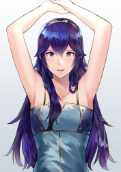 Rule 34 | 1girl, alternate costume, ameno (a meno0), armpits, arms up, blouse, blue hair, blush, breasts, collarbone, commentary request, eyelashes, fingerless gloves, fire emblem, fire emblem awakening, gloves, gradient background, grey background, hair between eyes, long hair, looking at viewer, lucina (fire emblem), nintendo, shirt, simple background, sleeveless, sleeveless shirt, small breasts, solo, tiara, upper body, white background