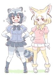 Rule 34 | &gt;:d, 10s, :3, :d, animal ears, black skirt, blonde hair, bow, bowtie, breasts, brown eyes, commentary request, common raccoon (kemono friends), elbow gloves, fangs, fennec (kemono friends), fox ears, fox tail, full body, fur collar, fur trim, gloves, grey hair, grey shirt, hand on own hip, hands on own hips, intertwined tails, kemono friends, legs apart, looking at viewer, mitsumoto jouji, multicolored hair, open mouth, pantyhose, pink shirt, puffy short sleeves, puffy sleeves, raccoon ears, raccoon tail, shirt, short hair, short sleeves, simple background, skirt, smile, tail, thighhighs, v-shaped eyebrows, white background, white hair, white skirt, yellow legwear