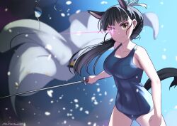 Rule 34 | 1girl, animal ears, black hair, breasts, unworn clothes, collarbone, covered navel, dog ears, dog girl, dog tail, eyepatch, unworn eyepatch, glowing, glowing eye, hair ribbon, highres, hiroshi (hunter-of-kct), holding, holding sword, holding weapon, katana, large breasts, long hair, looking at viewer, military uniform, old school swimsuit, ponytail, ribbon, sakamoto mio, school swimsuit, solo, strike witches, swimsuit, sword, tail, twitter username, uniform, weapon, world witches series