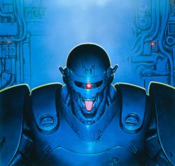Rule 34 | 1980s (style), a.d. police files, antennae, backlighting, billy fanword, biting, blue theme, boomer, cable, cyborg, dark room, halo, highres, machine, male focus, metal, oldschool, open mouth, police, police uniform, policeman, retro artstyle, teeth, tongue, tongue out, uniform, visor, wall