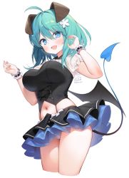 Rule 34 | 1girl, :d, ahoge, animal ears, black shirt, black skirt, blue eyes, breasts, byulzzi, crop top, cropped legs, demon tail, demon wings, dog ears, garter straps, green hair, hands up, large breasts, looking at viewer, midriff, miniskirt, navel, open mouth, original, see-through, see-through sleeves, shirt, short hair, skirt, smile, solo, tail, thighs, white background, wings, wrist cuffs