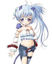 Rule 34 | 1girl, animal ears, bare shoulders, belt, blue eyes, blue hair, blush, cat ears, cat tail, collar, cowboy shot, creature, detached sleeves, elbow gloves, gloves, hair ornament, hairpin, lowres, maehara natsume, matching hair/eyes, open mouth, pants, ribbon, simple background, skull print, solo, studio idol, tail, torn clothes, torn pants, torn sleeves, white background
