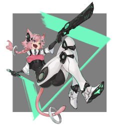 Rule 34 | 1girl, animal ears, armor, breasts, cat girl, commission, dagger, gun, heterochromia, highres, holding, holding dagger, holding knife, holding weapon, knife, n9+, open mouth, original, paw print soles, pink hair, skeb commission, sword, tail, weapon