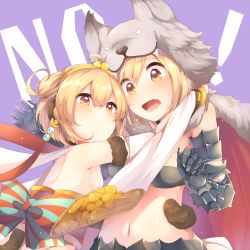 Rule 34 | &gt;:(, 10s, 2girls, ahoge, alternate costume, andira (granblue fantasy), animal costume, animal ears, arms around neck, bad id, bad pixiv id, blonde hair, blush, breasts, cape, detached sleeves, djeeta (granblue fantasy), earrings, erune, fang, fangs, frown, gauntlets, granblue fantasy, hairband, highres, hugging tail, jewelry, kaenuco, looking at viewer, midriff, monkey ears, monkey tail, multiple girls, navel, open mouth, scared, serious, short hair, small breasts, tail, tail wrap, v-shaped eyebrows, wide sleeves, wolf, wolf ears, yellow eyes