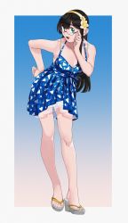 Rule 34 | 1girl, absurdres, adjusting eyewear, bare shoulders, black hair, blue dress, breasts, collarbone, dress, flip-flops, flower, full body, green eyes, hair flower, hair ornament, hairband, highres, kantai collection, leaning forward, long hair, looking at viewer, official alternate costume, ojipon, ooyodo (kancolle), sandals, semi-rimless eyewear, shorts under dress, small breasts, solo, standing, sundress, triangle print, under-rim eyewear