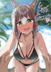 Rule 34 | 1girl, alternate breast size, animal ears, bikini, black bikini, blue sky, blurry, blurry background, breasts, cloud, collarbone, commentary request, day, fine motion (umamusume), green eyes, hair between eyes, highres, horse ears, horse girl, large breasts, looking at viewer, o-ring, o-ring bikini, o-ring top, open mouth, outdoors, pov, sasanon (sasapoliton), sky, solo focus, swimsuit, umamusume, wet