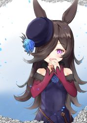 Rule 34 | 1girl, :d, absurdres, animal ears, bare shoulders, black hair, black hat, blue background, blue flower, blue rose, blush, clip studio paint (medium), commentary request, dress, flower, gradient background, hair over one eye, hands up, hat, hat flower, highres, horse ears, long hair, long sleeves, looking at viewer, maru shion, off-shoulder dress, off shoulder, open mouth, own hands together, petals, pink eyes, purple dress, rice shower (umamusume), rose, sleeves past wrists, smile, solo, tears, tilted headwear, umamusume, very long hair, white background
