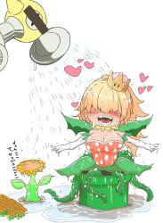 Rule 34 | 1girl, absurdres, blonde hair, crown, dress, flower, gloves, heart, highres, jewelry, long hair, mario (series), monster girl, new super mario bros. u deluxe, nintendo, okuva, open mouth, piranha plant, plant, plant girl, potted plant, sunflower, super crown, super mario sunshine, teeth, translation request, vines, watering, watering can