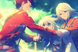 Rule 34 | 2boys, blue eyes, brown eyes, brown hair, closed mouth, genius sage, gloves, lloyd irving, long hair, multiple boys, open mouth, raine sage, smile, tales of (series), tales of symphonia, tree, white hair