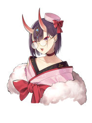 Rule 34 | 1girl, blush, bow, choker, collarbone, fang, fate/grand order, fate (series), fur trim, glasses, hat, hat bow, highres, horns, japanese clothes, kimono, mini hat, oni, open mouth, philomelalilium, pink hat, pink kimono, purple eyes, purple hair, red bow, red choker, round eyewear, short hair, shuten douji (fate), simple background, skin-covered horns, solo, thick eyebrows, tongue, tongue out, white background