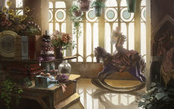 Rule 34 | 1girl, bad id, bad pixiv id, bell, book, bottle, brown eyes, brown hair, clock, dress, figure, flower, hand in own hair, hanging plant, hat, indoors, jar, jewelry box, leaf, light rays, original, pillar, plant, pot, poten, potted plant, reflective floor, ribbon, riding, rocking horse, room, rose, scenery, shelf, shoes, solo, sunbeam, sunlight, table, vase, window