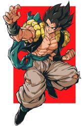 Rule 34 | 1boy, absurdres, arm up, artist name, baggy pants, biceps, black eyes, black footwear, black hair, black vest, black wristband, blue sash, boots, clenched hand, closed mouth, collarbone, dragon ball, dragon ball super, fingernails, full body, gogeta, grey pants, hand up, highres, male focus, metamoran vest, muscular, muscular male, open clothes, open vest, pants, pectorals, red background, relio db318, sash, simple background, smile, smirk, solo, spiked hair, torn clothes, torn pants, twitter username, two-tone background, v-shaped eyebrows, veins, vest, white background, wristband