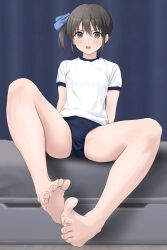 1girl barefoot feet feet_together flexible_toes footjob grey_hair gym_uniform invisible_penis kanojo_mo_kanojo knees_apart_feet_together legs migita_(hirayuaki) minase_nagisa ponytail short_hair short_ponytail shorts side_ponytail sitting spread_legs thighs toes