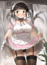 Rule 34 | 1girl, alternate costume, apron, black hair, black panties, black ribbon, black thighhighs, blush, brown eyes, closed mouth, clothes lift, collarbone, cowboy shot, dress, dress lift, enmaided, frilled apron, frilled dress, frills, garter straps, highres, kantai collection, lifting own clothes, maid, maid apron, myoukou (kancolle), panties, pink dress, ribbon, short hair, short sleeves, solo, thighhighs, toka (marchlizard), underwear, white apron