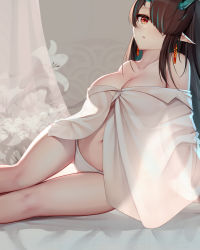 Rule 34 | 1girl, absurdres, arknights, bad id, bad pixiv id, bare shoulders, commentary, curtains, dusk (arknights), feet out of frame, gluteal fold, hair over one eye, highres, horns, jean.organ, navel, off shoulder, panties, parted lips, pointy ears, shirt, sitting, solo, stomach, thighs, underwear, white panties, white shirt