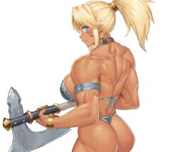 Rule 34 | 1girl, armlet, ass, axe, back, barbarian, bikini, blonde hair, blue eyes, bracelet, breasts, earrings, facial mark, highres, holding, holding axe, huge ass, jewelry, large breasts, looking at viewer, muscular, muscular female, original, ponytail, ranma (kamenrideroz), smile, solo, swimsuit, tan, thong bikini, wedgie, white background