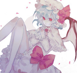 Rule 34 | 1girl, bat wings, blue hair, bow, dress, dress bow, expressionless, flower, hat, hat flower, hat ribbon, long sleeves, looking at viewer, medium hair, mob cap, own hands together, pantyhose, petals, red bow, red eyes, red flower, red ribbon, red rose, remilia scarlet, ribbon, rose, rose petals, simple background, solo, sorani (kaeru0768), touhou, white background, white dress, white pantyhose, wings, wrist cuffs