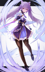 Rule 34 | 1girl, absurdres, ankle boots, boots, breasts, brown pantyhose, chinese clothes, closed mouth, commentary, cone hair bun, dress, frilled dress, frills, full body, genshin impact, gloves, hair bun, hair ornament, highres, holding, holding sword, holding weapon, keqing (genshin impact), long hair, looking at viewer, medium breasts, mistsplitter reforged (genshin impact), pantyhose, pisuke (user kcmh2774), purple dress, purple eyes, purple footwear, purple gloves, purple hair, signature, solo, sword, twintails, weapon