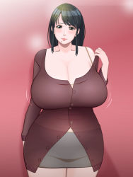 Rule 34 | 1girl, black hair, blush, bouncing breasts, bra, bra strap, breasts, cleavage, curvy, flying tree frog, head tilt, hip focus, huge breasts, mature female, miniskirt, mole, see-through, skirt, solo, standing, underwear, undressing, wide hips
