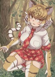 Rule 34 | 1girl, animal ears, animal print, arms at sides, black hair, blonde hair, breasts, claw mark, collared shirt, day, elbow gloves, extra ears, fisheye, garter straps, gloves, highres, kemono friends, large breasts, light smile, looking at viewer, medium hair, microskirt, multicolored hair, necktie, okyao, outdoors, parted lips, plaid, plaid necktie, plaid skirt, plaid sleeves, plaid trim, pleated skirt, print gloves, print thighhighs, shirt, short sleeves, sidelocks, skindentation, skirt, solo, squatting, streaked hair, tail, taut clothes, taut shirt, thighhighs, tiger (kemono friends), tiger ears, tiger girl, tiger print, tiger tail, tongue, tongue out, tree, white hair, white shirt, wing collar, yellow eyes, zettai ryouiki