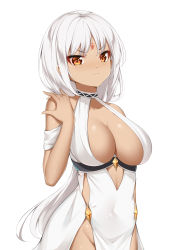 Rule 34 | 1girl, absurdres, azur lane, bad id, bad pixiv id, bare arms, bare shoulders, breasts, catnnn, cleavage, closed mouth, clothing cutout, collarbone, covered navel, cowboy shot, cutout above navel, dark-skinned female, dark skin, dress, facial mark, forehead mark, frown, groin, halter dress, halterneck, hand on own shoulder, hand up, highres, large breasts, light blush, long hair, looking at viewer, massachusetts (azur lane), massachusetts (dressed to impress) (azur lane), native american, orange eyes, side cutout, simple background, sleeveless, solo, standing, v-shaped eyebrows, very long hair, white background, white dress, white hair