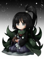 Rule 34 | adagumo no yaorochi, animal scarf, black hair, black kimono, blue hakama, closed mouth, commentary, cup, green scarf, grey eyes, hakama, holding, holding cup, japanese clothes, kimono, len&#039;en, long hair, long sleeves, multiple tails, no nose, pom pom (clothes), ponytail, scarf, snake tail, solo, symbol-only commentary, tail, websci 3357