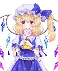 Rule 34 | 1girl, absurdres, alternate color, amiguri, ascot, back bow, blonde hair, blue bow, blue skirt, blue vest, bow, candy, collared shirt, covering own mouth, cowboy shot, crystal, dot nose, flandre scarlet, food, frilled shirt collar, frilled sleeves, frilled vest, frills, hair between eyes, hat, hat bow, highres, holding, holding candy, holding food, holding lollipop, large bow, lollipop, looking at viewer, medium hair, mob cap, multicolored wings, one side up, puffy short sleeves, puffy sleeves, red eyes, shirt, short sleeves, simple background, skirt, skirt set, sleeve bow, solo, swirl lollipop, touhou, vest, white background, white bow, white shirt, wings, yellow ascot