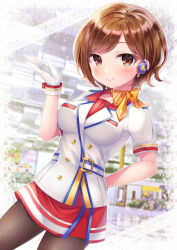 Rule 34 | 1girl, ano hi no yume no kanata mukou e (project sekai), arm behind back, blush, bow, breasts, brown eyes, brown hair, brown pantyhose, closed mouth, commentary request, diagonal-striped bow, earpiece, flight attendant, gloves, hand up, highres, jacket, looking at viewer, medium breasts, meiko (vocaloid), more more jump! meiko, orange bow, pantyhose, project sekai, red skirt, short hair, short sleeves, skirt, smile, solo, travel attendant, vocaloid, white gloves, white jacket, yomogi (becr)