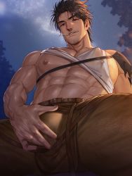 Rule 34 | 1boy, abs, absurdres, arkapami, bara, black clover, black hair, brown pants, bulge, capelet, cigarette, clothes lift, facial hair, foreshortening, highres, large pectorals, male focus, midriff peek, muscular, muscular male, navel, night, night sky, nipples, outdoors, paid reward available, pants, parted lips, pectorals, shirt lift, short hair, sideburns, sitting, sky, smile, smoking, solo, tank top, thick thighs, thighs, torn capelet, torn clothes, white tank top, yami sukehiro