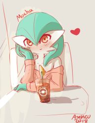 Rule 34 | 1girl, aqua hair, artist name, asekeu, bare shoulders, blush, character name, closed mouth, collarbone, creatures (company), cup, dated, drink, drinking straw, female focus, flat chest, game freak, gardevoir, gen 3 pokemon, grey background, hair between eyes, hand on own face, hand up, happy, heart, highres, long sleeves, looking at viewer, nintendo, nose blush, off shoulder, orange eyes, pink shirt, poke ball symbol, poke ball theme, pokemon, pokemon (creature), shirt, short hair, signature, sitting, sketch, smile, solo, upper body