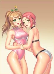 Rule 34 | 2girls, :d, absurdres, armpits, ass, bare arms, bare back, bare shoulders, bikini, blush, breasts, brown hair, copyright request, cowboy shot, flower, green eyes, hair flower, hair ornament, hair scrunchie, halterneck, highleg, highleg swimsuit, highres, long hair, looking at viewer, medium breasts, mole, mole under eye, multiple girls, one-piece swimsuit, open mouth, pink one-piece swimsuit, ponytail, red hair, scrunchie, short hair, small breasts, smile, swimsuit, turna98, white bikini, yellow eyes
