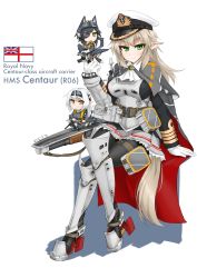 Rule 34 | 3girls, aircraft carrier, airplane wing, arm guards, armor, armored boots, bad id, bad pixiv id, boots, cape, dakku (ogitsune), eyepatch, flight deck, frilled skirt, frills, full body, gloves, green eyes, grey hair, hat, high heels, hms centaur (r06) aircraft carrier, jacket, long hair, long sleeves, machinery, mecha musume, military, military jacket, military uniform, military vehicle, miniskirt, multiple girls, original, pantyhose, peaked cap, pointy ears, royal navy, ship, sitting, skirt, uniform, warship, watercraft, white ensign, wings, yellow eyes