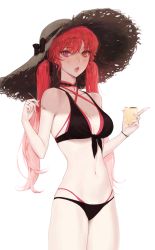 Rule 34 | 1girl, absurdres, bikini, black bikini, black bow, bow, breasts, copyright request, cowboy shot, fang, front-tie bikini top, front-tie top, grey hat, hat, hat bow, heterochromia, highres, holding, ice cream spoon, jewelry, large breasts, long hair, looking at viewer, mole, mole on breast, navel, open mouth, orange eyes, oyabuli, pink eyes, red hair, ring, simple background, solo, spoon, straw hat, sun hat, swimsuit, twintails, very long hair, white background