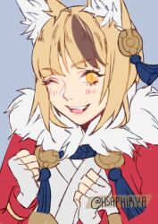 Rule 34 | 1girl, animal ears, blonde hair, brown hair, fire emblem, fire emblem fates, fox ears, fox girl, fox tail, fur trim, hair ornament, highres, japanese clothes, multicolored hair, nintendo, open mouth, saphirya, selkie (fire emblem), short hair, smile, solo, streaked hair, tail, two-tone hair, yellow eyes