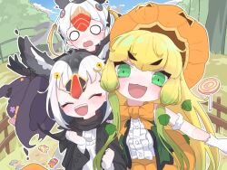 Rule 34 | 3girls, atlantic puffin (kemono friends), bare shoulders, bird girl, bird wings, black hair, black jacket, black scarf, blonde hair, blush, bow, bowtie, candy, center frills, closed eyes, fangs, food, frills, gloves, green eyes, green hair, green vest, hair between eyes, hat, head wings, jack-o&#039;-lantern (kemono friends), jacket, kemono friends, kemono friends 3, long hair, long sleeves, multicolored hair, multiple girls, open clothes, open jacket, open mouth, open vest, orange bow, orange bowtie, pumpkin hat, pumpkin shorts, red hair, sarutori, scarf, shirt, short hair, sidelocks, smile, sweater, tufted puffin (kemono friends), vest, white gloves, white hair, white shirt, white sweater, wings, witch hat