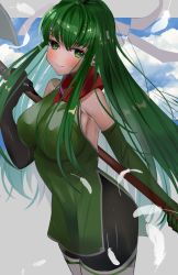 Rule 34 | 1girl, absurdres, bare shoulders, blue sky, blush, breasts, chil0107, closed mouth, cloud, elbow gloves, feathers, fire emblem, fire emblem: mystery of the emblem, fire emblem: shadow dragon and the blade of light, gloves, green eyes, green hair, hair between eyes, headband, highres, holding, holding weapon, long hair, nintendo, palla (fire emblem), red scarf, scarf, sky, sleeveless, solo, very long hair, weapon, white headband