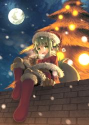 Rule 34 | 1boy, boots, brick wall, brown gloves, child, christmas, christmas tree, from below, gloves, goddandies, green eyes, green hair, hat, looking at viewer, male focus, matching hair/eyes, moon, open mouth, pointy ears, red footwear, resi, santa boots, santa costume, santa hat, sitting on wall, snow, solo, summon night