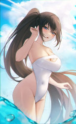 Rule 34 | 1girl, absurdres, ame 816, bare hips, blue eyes, blue sky, blush, breasts, brown hair, casual one-piece swimsuit, cleavage, cleavage cutout, clothing cutout, cloud, contrail, covered navel, cowboy shot, day, groin, hand up, highres, large breasts, long hair, looking at viewer, one-piece swimsuit, open mouth, original, outdoors, ponytail, sky, solo, strapless, strapless one-piece swimsuit, swimsuit, very long hair, wading, water, white one-piece swimsuit