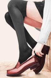 Rule 34 | 1girl, absurdres, adjusting clothes, adjusting shoe, black thighhighs, character request, close-up, copyright request, from side, head out of frame, highres, kumamon (a20130122), legs, loafers, long sleeves, lower body, putting on shoes, shoe dangle, shoes, sitting, soles, solo, thighhighs, thighs, undressing, zettai ryouiki