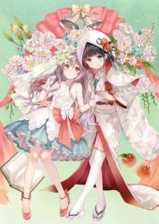 Rule 34 | 2girls, absurdres, animal print, apple, bare shoulders, bell, bird print, blue skirt, blush, book, bridal veil, bride, brown eyes, brown hair, crane print, dress, floral background, floral print, flower, food, fruit, fukahire (ruinon), full body, furisode, geta, gloves, gradient background, green eyes, grey background, hair flower, hair ornament, high heels, highres, holding hands, hood, interlocked fingers, japanese clothes, jewelry, kimono, lace, lace dress, lily (flower), long hair, looking at viewer, multiple girls, necklace, no socks, obi, open book, original, parted lips, petticoat, red footwear, rose, sandals, sash, scan, shirt, shoes, skirt, tabi, tassel, thighhighs, uchikake, veil, very long hair, wedding, wedding dress, white flower, white footwear, white gloves, white kimono, white legwear, white rose, white shirt, wide sleeves, zouri