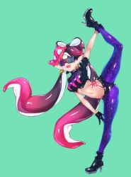 Rule 34 | 1girl, aqua background, black footwear, black gloves, callie (splatoon), crop top, earrings, fangs, food, food on head, gloves, gluteal fold, hair ornament, high heels, highres, inkling, jewelry, jtveemo, leg lift, leg up, long hair, looking at viewer, navel, nintendo, object on head, open mouth, pantyhose, pantyhose under shorts, pointy ears, puffy short sleeves, puffy sleeves, purple hair, purple pantyhose, short shorts, short sleeves, shorts, simple background, smile, solo, splatoon (series), splatoon 2, split, standing, standing on one leg, stomach, sunglasses, tattoo, thong, toned, very long hair