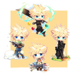 Rule 34 | 1boy, aged down, aqua eyes, armor, baggy pants, black footwear, black gloves, black pants, black shirt, blonde hair, blue eyes, blue pants, blue shirt, blush, book, boots, border, brown footwear, brown gloves, buster sword, character name, chibi, cloud strife, crisis core final fantasy vii, crossed arms, fighting stance, final fantasy, final fantasy vii, final fantasy vii advent children, final fantasy vii remake, flower, full body, gloves, green scarf, gun, hair between eyes, high collar, highres, holding, holding flower, holding gun, holding sword, holding weapon, lily (flower), low ponytail, male focus, materia, multiple views, open mouth, pants, scarf, shi3ashi3a, shinra infantry uniform, shirt, short hair, short hair with long locks, shoulder armor, sitting, sleeveless, sleeveless shirt, sleeveless turtleneck, sleeves rolled up, smile, snow, spiked hair, square enix, standing, sword, thigh strap, turtleneck, variations, waist cape, weapon, wooden floor, yellow background, yellow flower