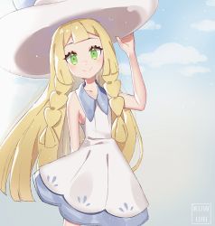 Rule 34 | 1girl, adjusting clothes, adjusting headwear, aliceyawnin, artist name, bare shoulders, blonde hair, blue sky, blush, braid, closed mouth, cloud, collarbone, creatures (company), day, dress, female focus, flat chest, game freak, green eyes, hand up, happy, hat, head tilt, lillie (pokemon), long hair, looking at viewer, nintendo, outdoors, pokemon, pokemon sm, sky, sleeveless, sleeveless dress, smile, solo, standing, sun hat, twin braids, watermark, white dress, white hat