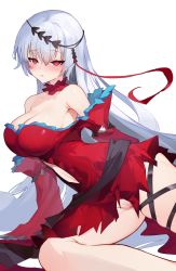 Rule 34 | 1girl, arknights, arm support, bare shoulders, blush, breasts, censored, cleavage, closed mouth, clothing cutout, dress, grey hair, half-closed eyes, headband, highres, kirsos, large breasts, long hair, long sleeves, looking at viewer, mosaic censoring, navel, navel cutout, neck garter, no panties, off-shoulder dress, off shoulder, pussy, reclining, red dress, red eyes, short dress, simple background, skadi (arknights), skadi the corrupting heart (arknights), skindentation, solo, thigh strap, upskirt, very long hair, white background