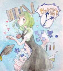 Rule 34 | 1girl, apple, black dress, blue background, blue flower, blush, book, bottle, clock, closed mouth, commentary request, cowboy shot, dress, english text, envelope, erlenmeyer flask, flask, floating, floating object, flower, food, fruit, green eyes, green hair, gumi, hand up, hat, heart, leaning forward, long hair, mortarboard, painting (medium), paper, pinafore dress, puffy short sleeves, puffy sleeves, red apple, round-bottom flask, shirt, shizumi (saluck), short hair, short sleeves, sidelocks, sleeveless, sleeveless dress, solo, standing, test tube, traditional media, vocaloid, watercolor (medium), watercolor pencil (medium), wavy mouth, white shirt, yomosugara kimi omou (vocaloid)