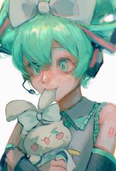 Rule 34 | &gt; &lt;, 1girl, alternate hairstyle, aqua hair, bare shoulders, biting, blue bow, blush, blush stickers, bow, cinnamiku, cinnamoroll, collared shirt, cosplay, creature, crossover, detached sleeves, ear biting, ear bow, frills, green eyes, green hair, green necktie, grey shirt, hair bow, hair rings, hatsune miku, hatsune miku (cosplay), headset, highres, holding, holding creature, looking away, looking down, matching outfits, mouth hold, necktie, number tattoo, sanrio, shirt, shoulder tattoo, simple background, sweat, tattoo, tied ears, updo, upper body, uu0000322, vocaloid, white background