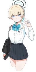 Rule 34 | 1girl, alternate costume, bag, black skirt, blonde hair, blue archive, blue bow, blue bowtie, blue eyes, blue nails, blue ribbon, bow, bowtie, breast pocket, closed mouth, collared shirt, cropped legs, expressionless, hair ribbon, halo, holding, holding phone, long sleeves, looking at viewer, phone, pocket, ribbon, school bag, school uniform, shirt, shirt tucked in, short hair, shoulder bag, simple background, skirt, solo, sukeroku (treeee), toki (blue archive), v, white background, white shirt