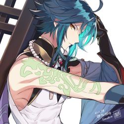 Rule 34 | 1boy, arm tattoo, bare shoulders, bead necklace, beads, copyright name, dated, detached sleeves, genshin impact, green hair, jewelry, leaning, leaning back, male focus, ncn828, necklace, parted lips, signature, solo, tattoo, twitter username, upper body, white background, wide sleeves, xiao (genshin impact), yellow eyes